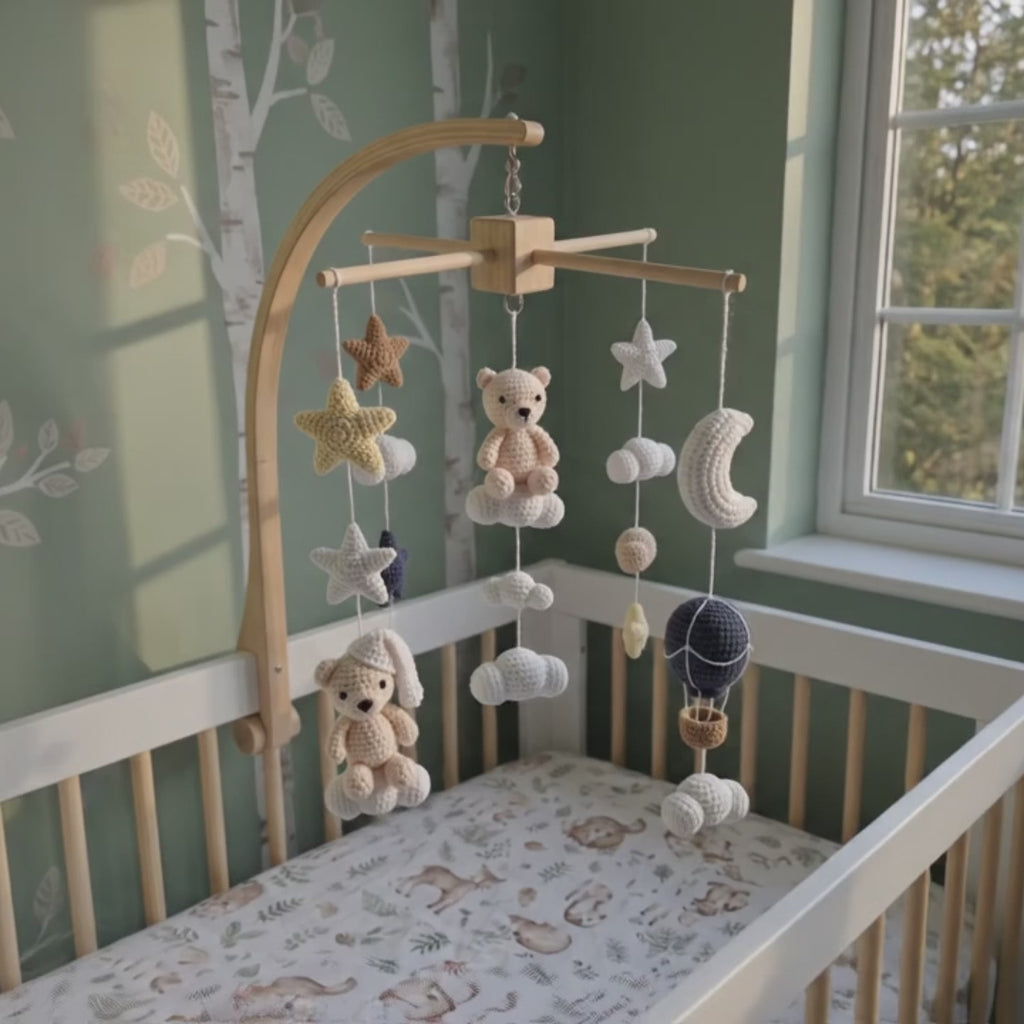 Night Sky Bear Crochet Crib Mobile, Handmade Neutral Nursery Hanging with Moon, Stars, Clouds and Hot Air Balloon