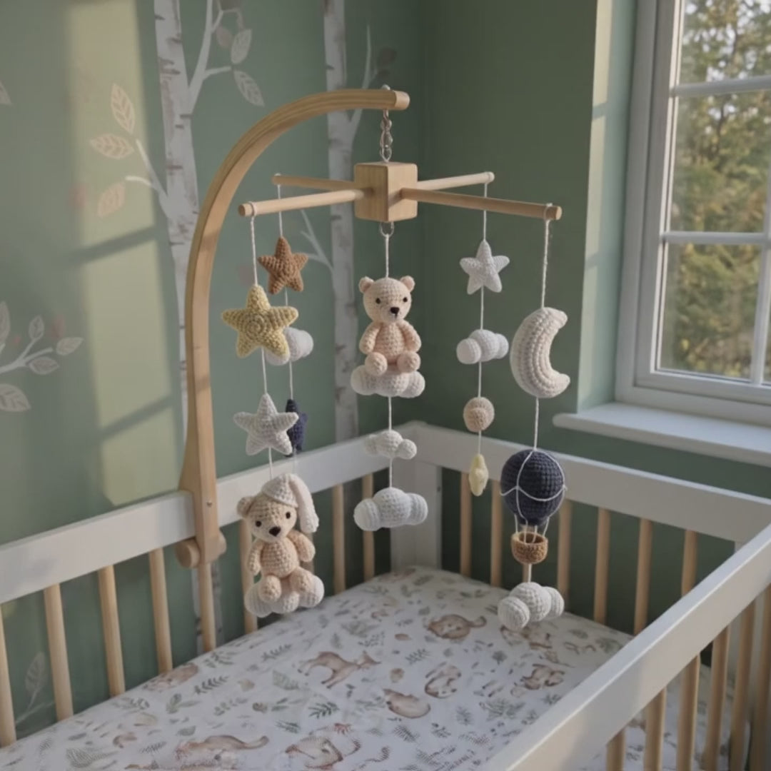 Night Sky Bear Crochet Crib Mobile, Handmade Neutral Nursery Hanging with Moon, Stars, Clouds and Hot Air Balloon