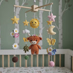 Wildflower Highland Cow Crochet Baby Mobile, Handmade Floral Crib Hanging with Butterflies, Moon and Sunshine