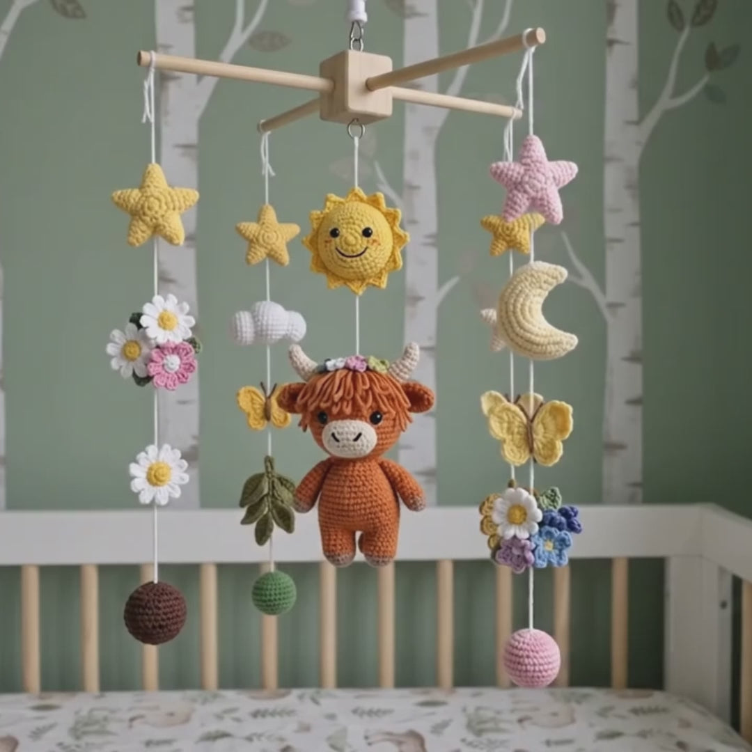 Wildflower Highland Cow Crochet Baby Mobile, Handmade Floral Crib Hanging with Butterflies, Moon and Sunshine