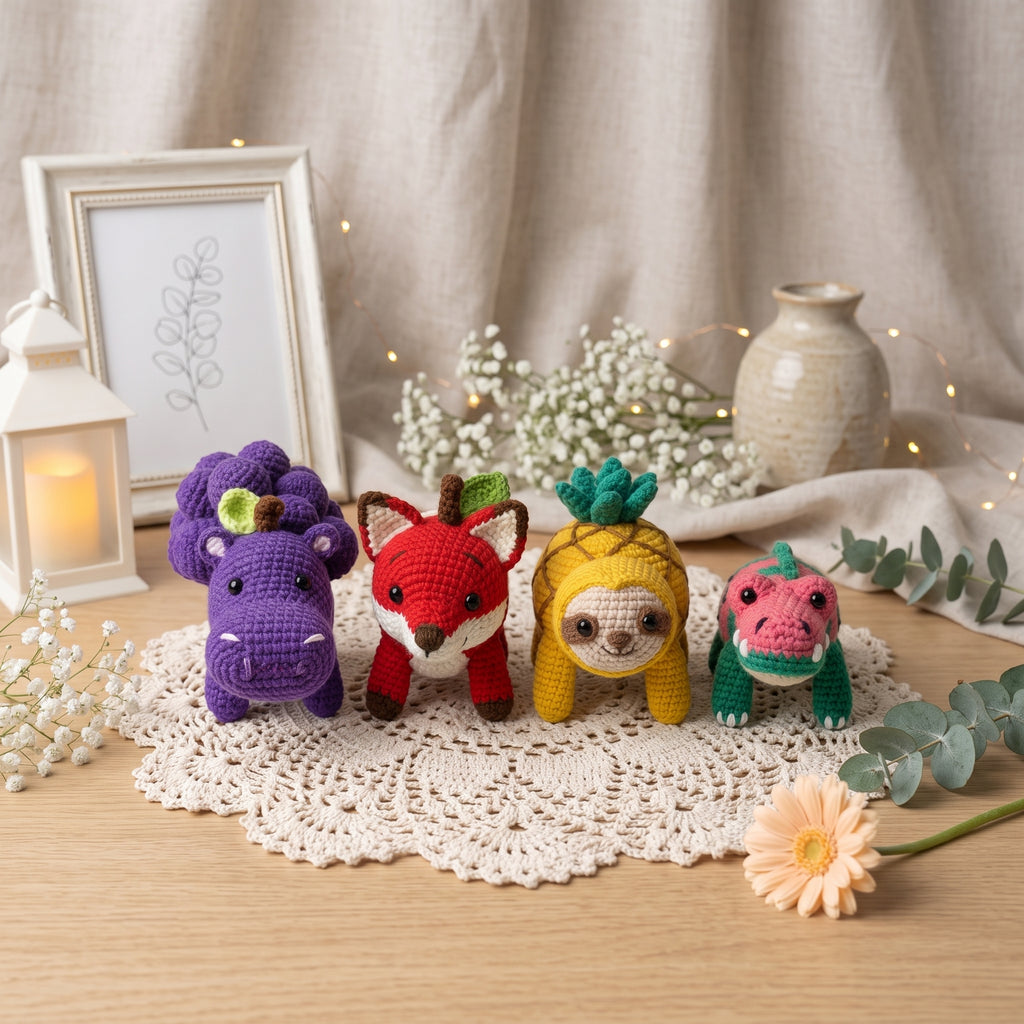 Fruit Animal Crochet Pattern Bundle – Fox, Sloth, Hippo & Crocodile Amigurumi PDF