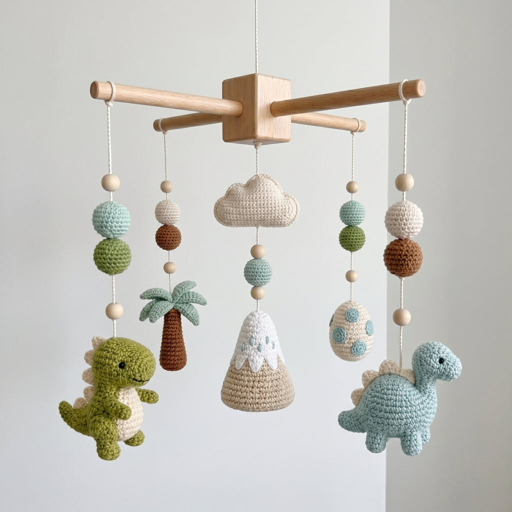 Handmade Crochet Dinosaur Baby Mobile – Prehistoric Nursery Crib Decor
