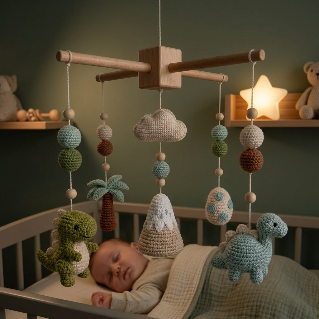 Handmade Crochet Dinosaur Baby Mobile – Prehistoric Nursery Crib Decor