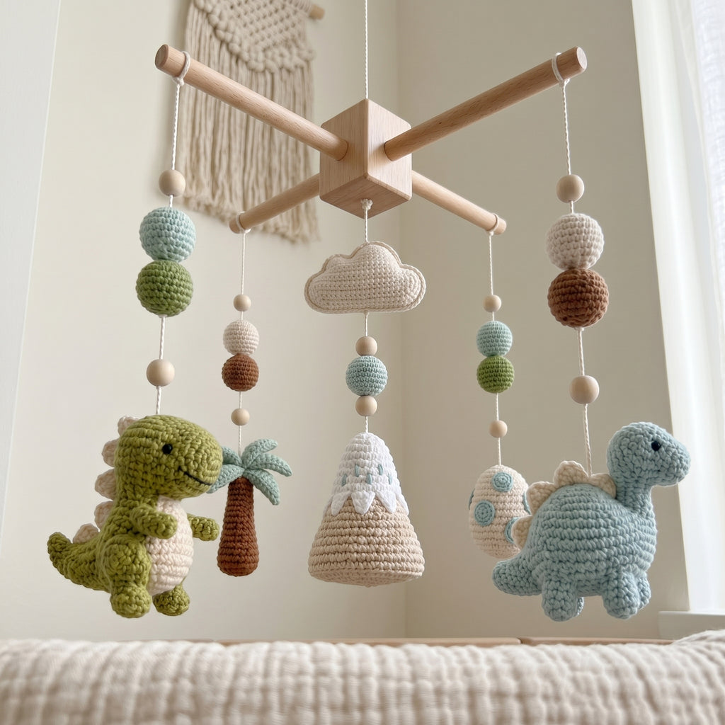 Handmade Crochet Dinosaur Baby Mobile – Prehistoric Nursery Crib Decor
