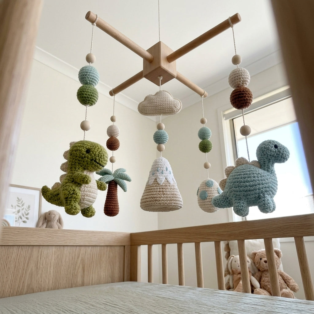 Handmade Crochet Dinosaur Baby Mobile – Prehistoric Nursery Crib Decor