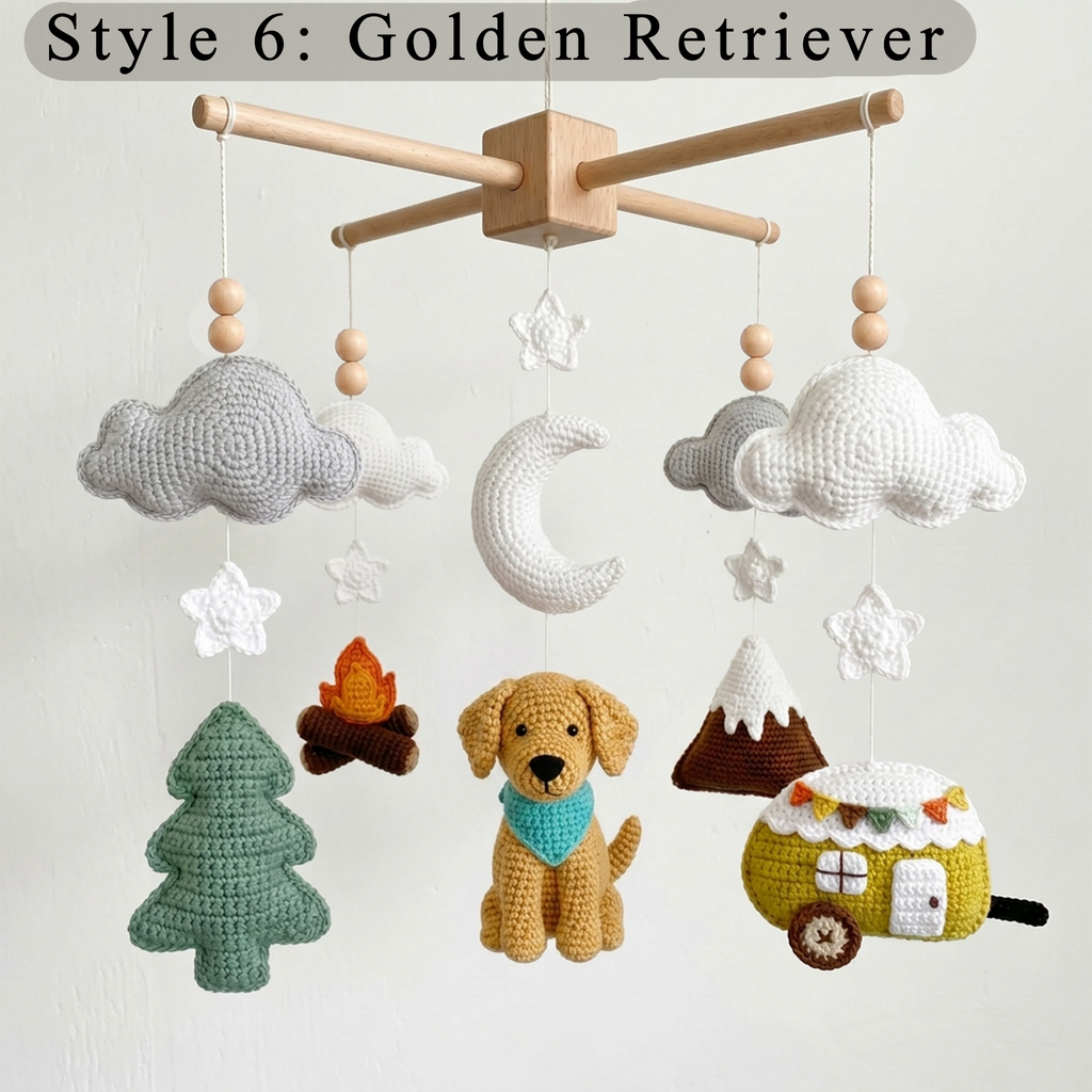 Crochet Dog Baby Mobile, Mountain Camping Crib Mobile