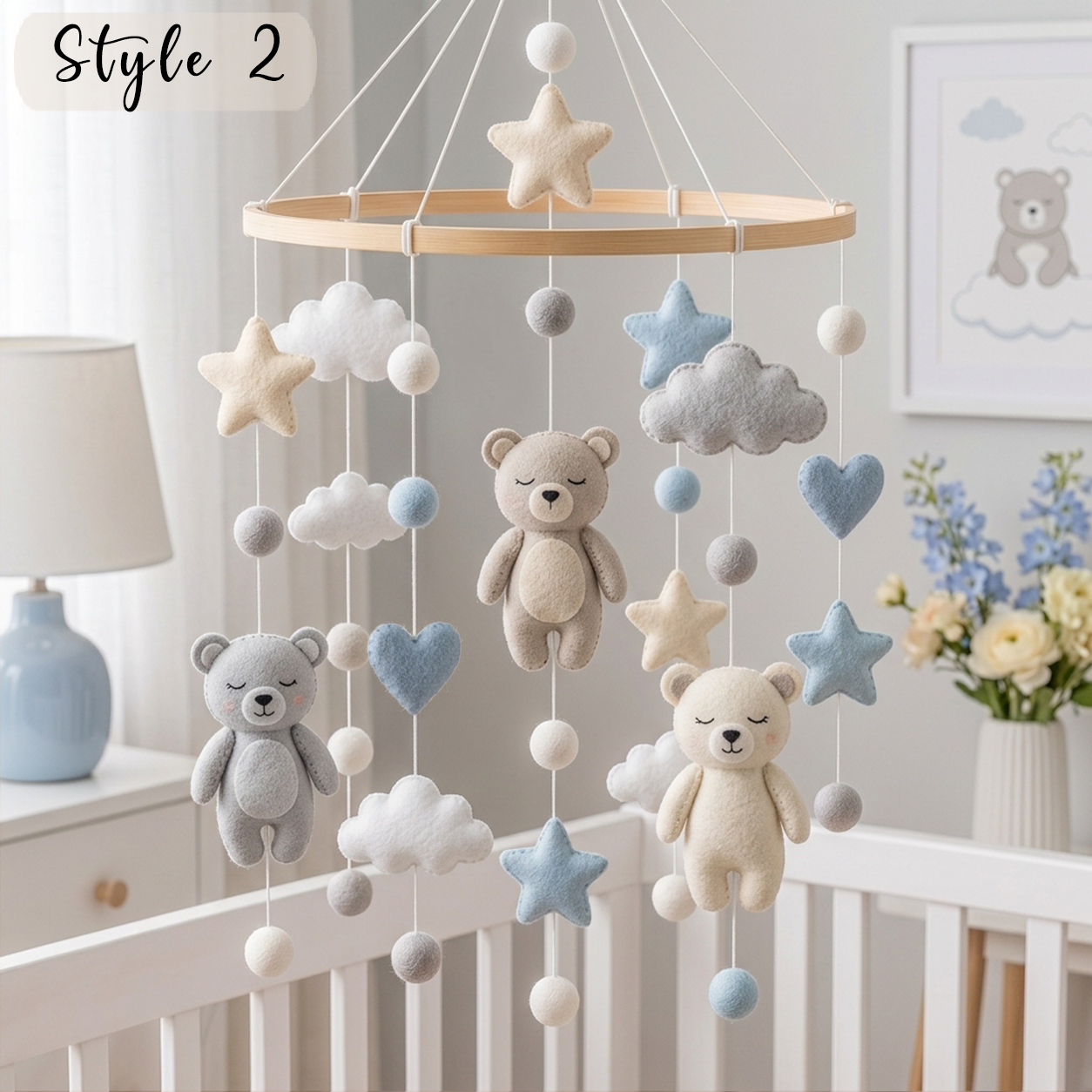 Teddy Bear Felt Baby Mobile, Baby Shower Gift For Boy