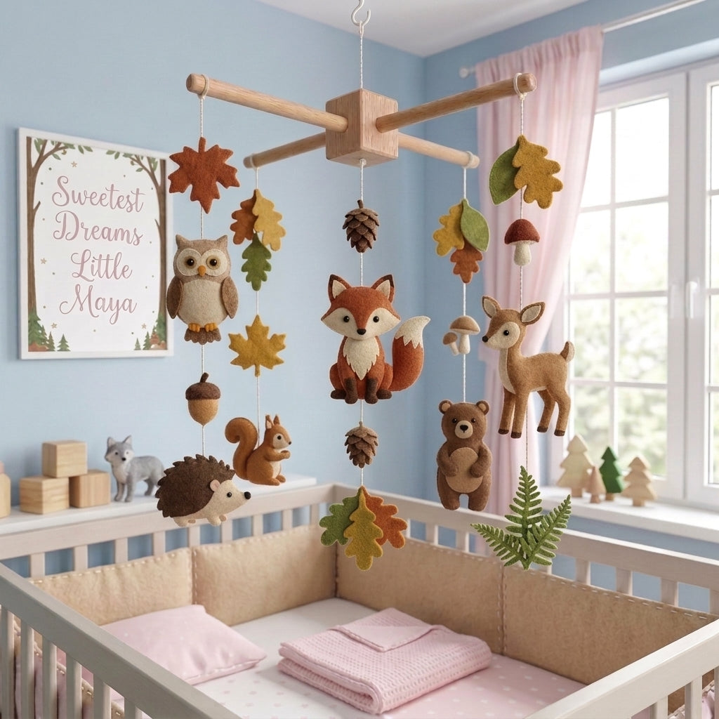 Felt Woodland Animals Baby Mobile, Fox Deer Bear Owl Squirrel Hedgehog