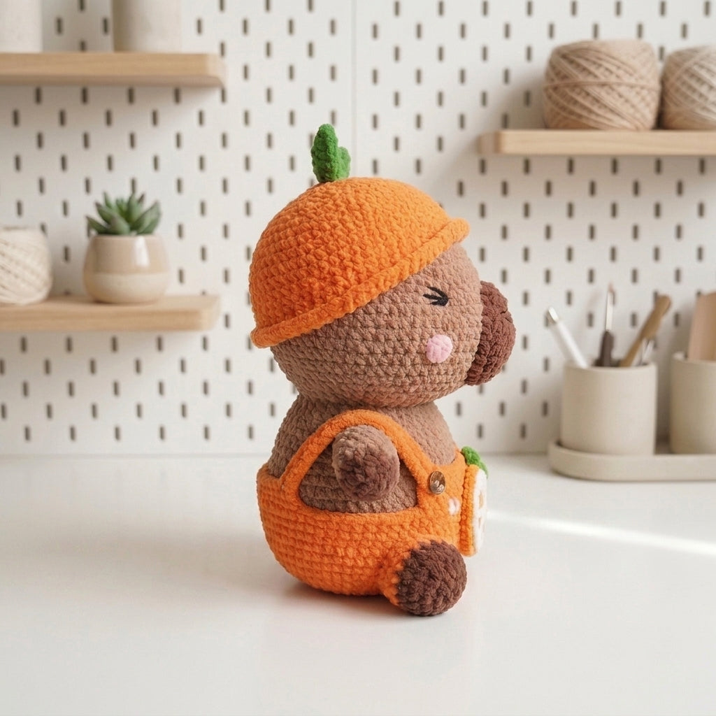 Orange Capybara Crochet Pattern PDF – Fruit Amigurumi Plush in Overalls
