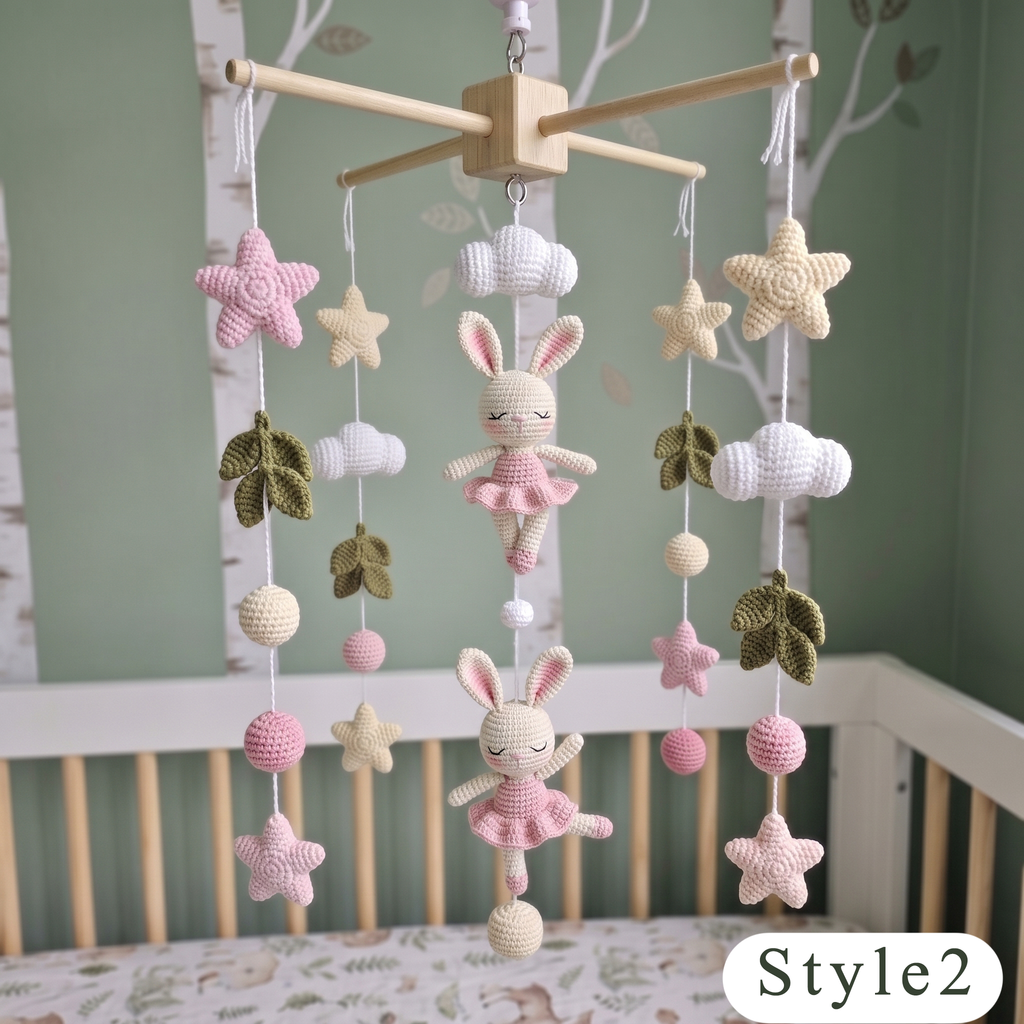 Crochet Bunny Ballerina Baby Mobile, Pink Rabbit Star Cloud Crib Decor, Ballet Nursery Hanging, Baby Shower Gift for Baby Girl Room