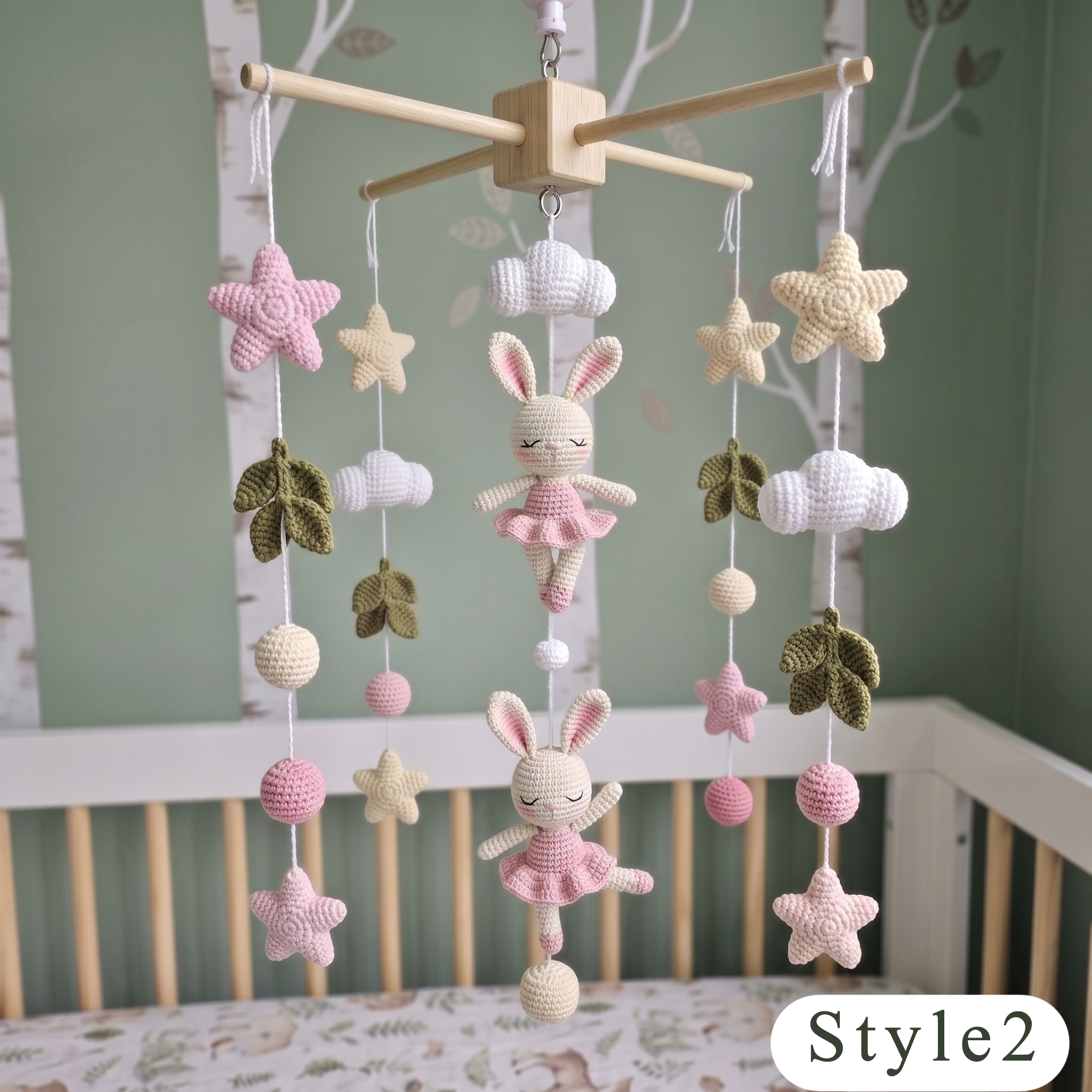 Crochet Bunny Ballerina Baby Mobile, Pink Rabbit Star Cloud Crib Decor, Ballet Nursery Hanging, Baby Shower Gift for Baby Girl Room