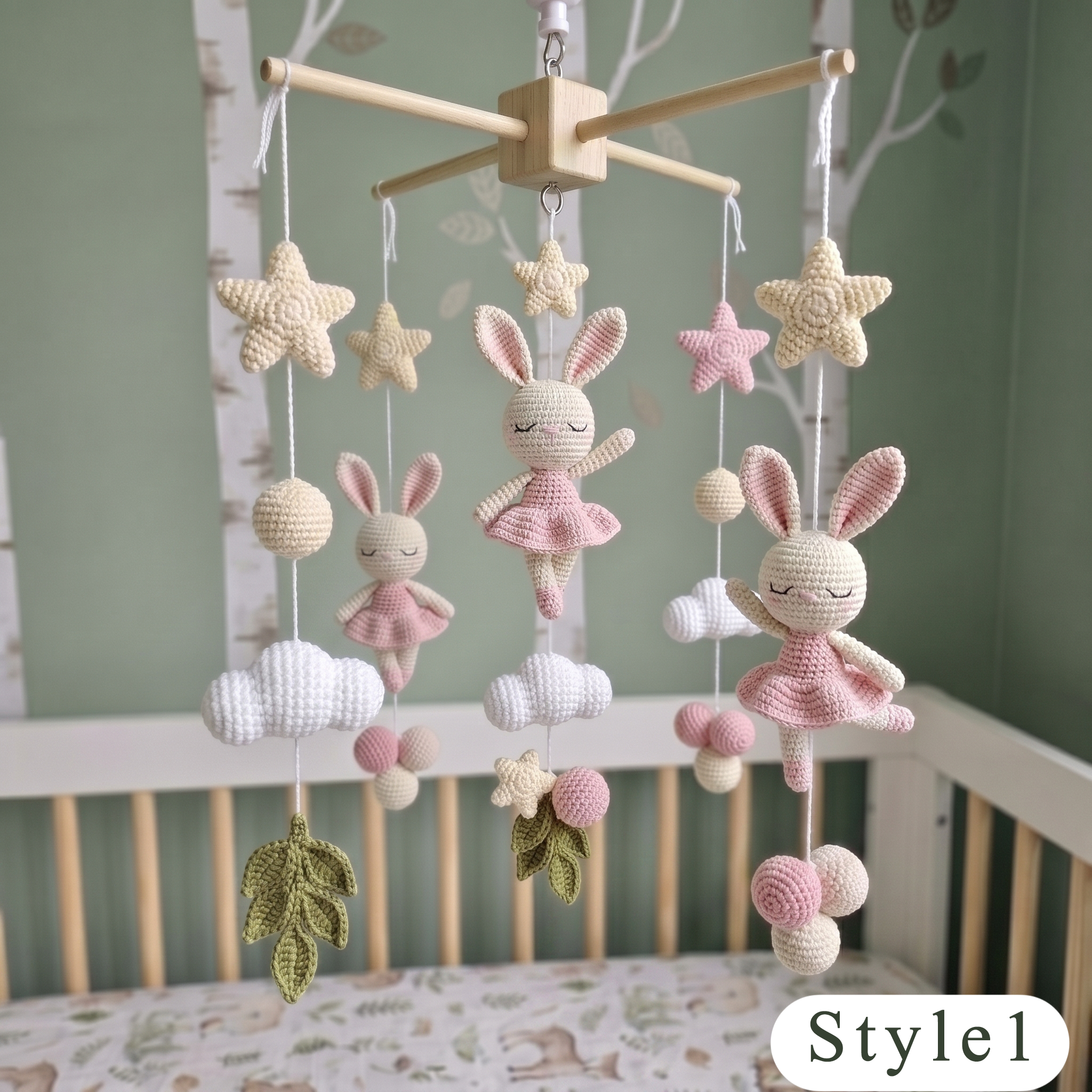 Crochet Bunny Ballerina Baby Mobile, Pink Rabbit Star Cloud Crib Decor, Ballet Nursery Hanging, Baby Shower Gift for Baby Girl Room