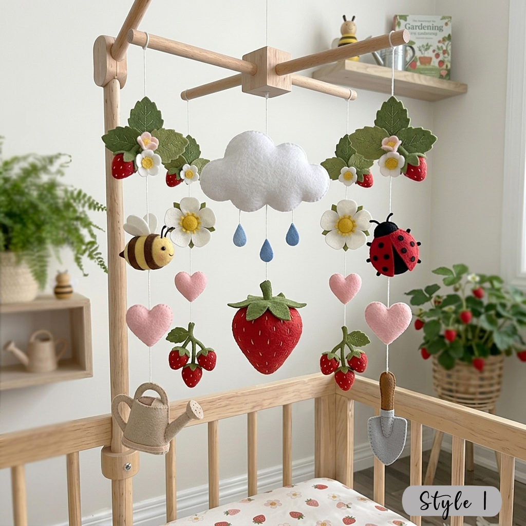 Felt Strawberry Garden Baby Mobile, Bunny Mouse Bee Ladybug Daisies Leaves Nursery Crib Decor