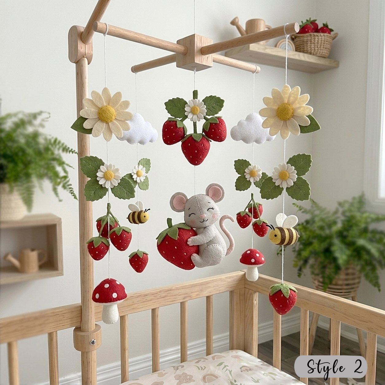 Felt Strawberry Garden Baby Mobile, Bunny Mouse Bee Ladybug Daisies Leaves Nursery Crib Decor