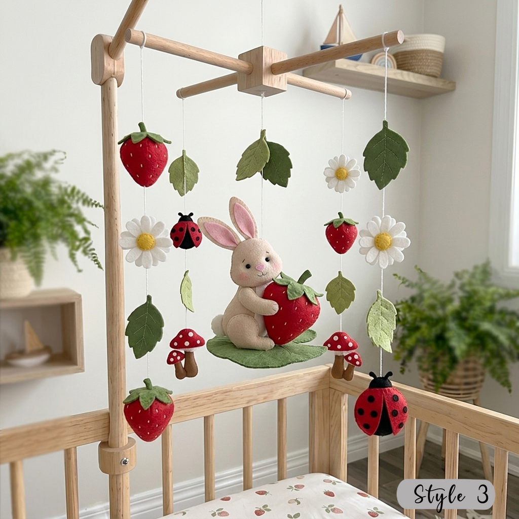 Felt Strawberry Garden Baby Mobile, Bunny Mouse Bee Ladybug Daisies Leaves Nursery Crib Decor