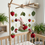 Felt Strawberry Garden Baby Mobile, Bunny Mouse Bee Ladybug Daisies Leaves Nursery Crib Decor