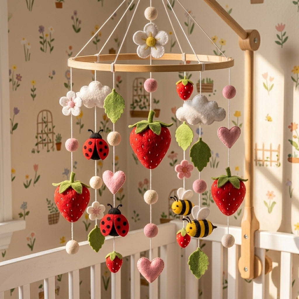 A strawberry-themed baby crib mobile hanging in a nursery. The wooden ring mobile features felt strawberries, pink hearts, white clouds, ladybugs, bees, and flowers suspended by strings.