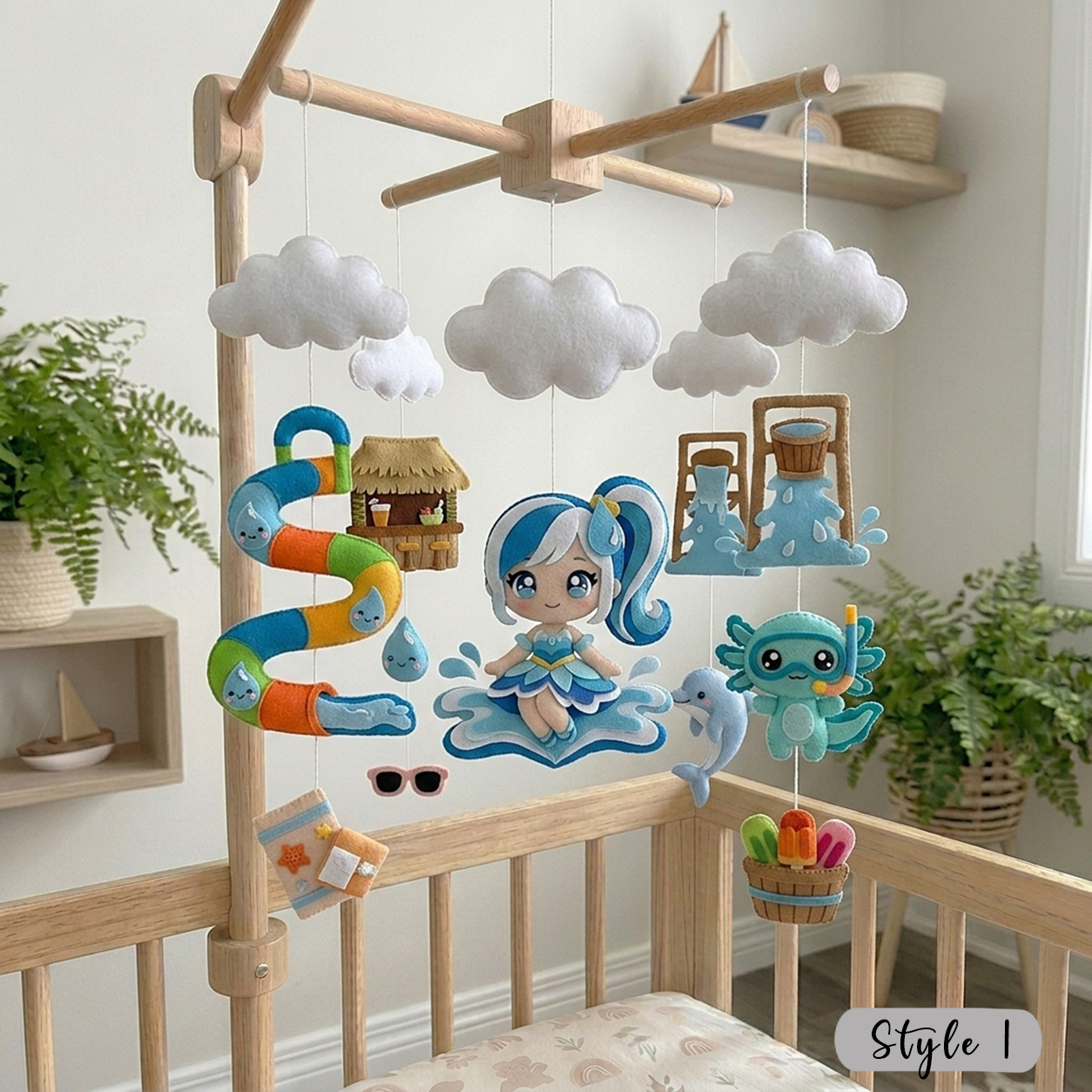 Felt Water Park Baby Mobile, Summer Pool Nursery Crib Decor