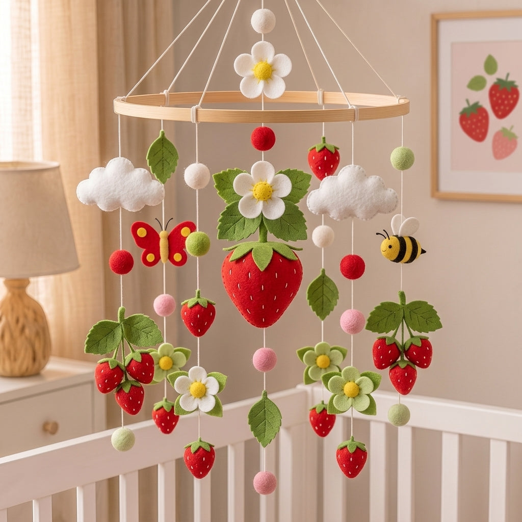 A strawberry-themed baby crib mobile hanging in a nursery. The wooden hoop mobile features felt strawberries, white flowers with yellow centers, green leaves, fluffy white clouds, a red-and-yellow butterfly, a bumblebee, and small pom-pom balls.