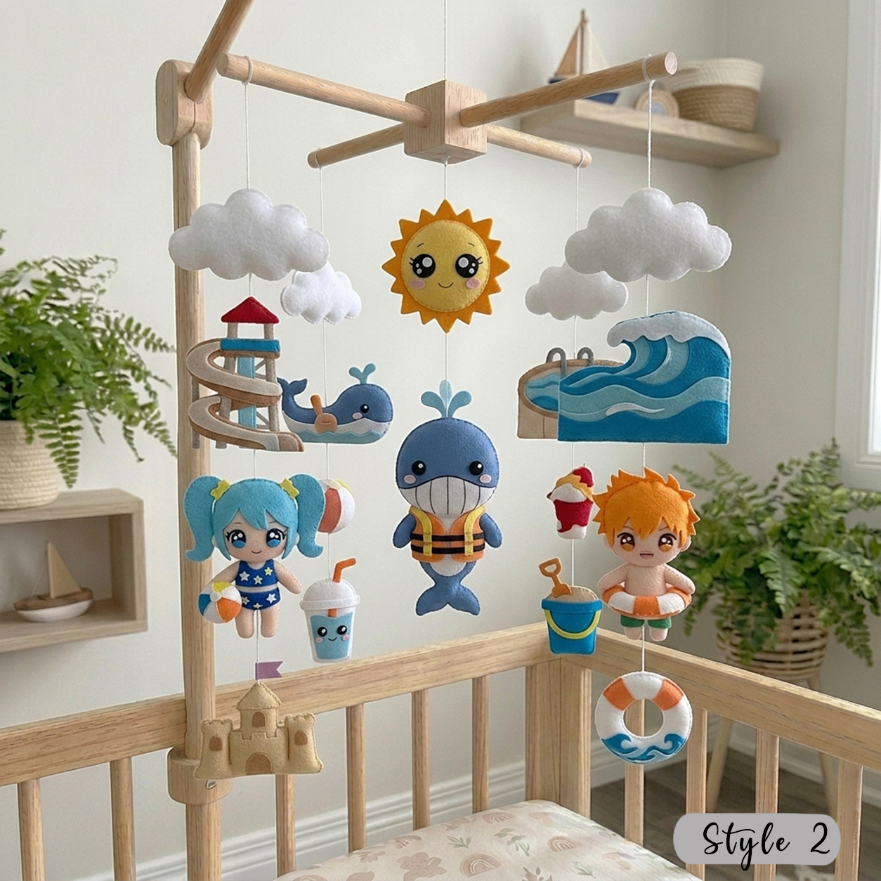 Felt Water Park Baby Mobile, Summer Pool Nursery Crib Decor