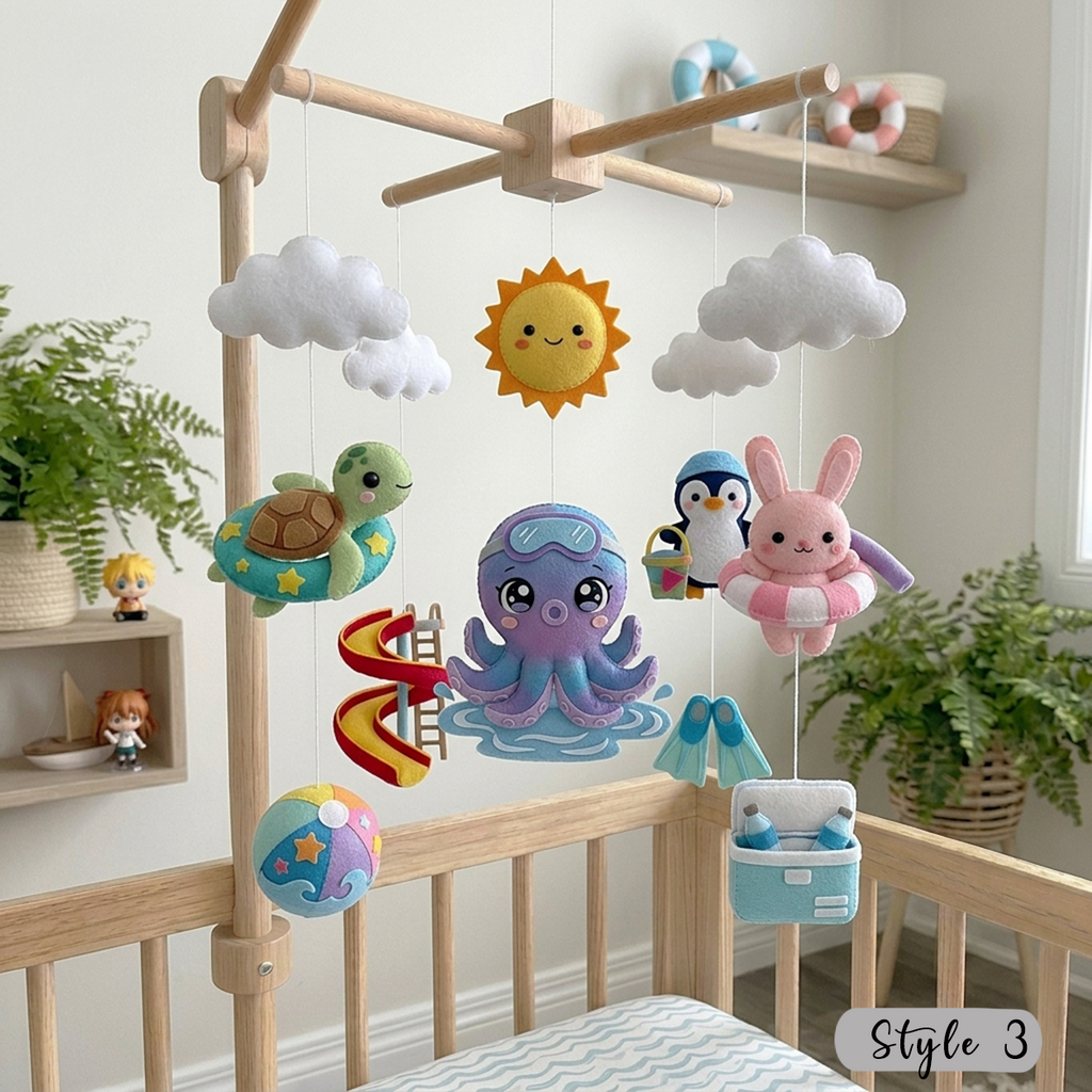 Felt Water Park Baby Mobile, Summer Pool Nursery Crib Decor