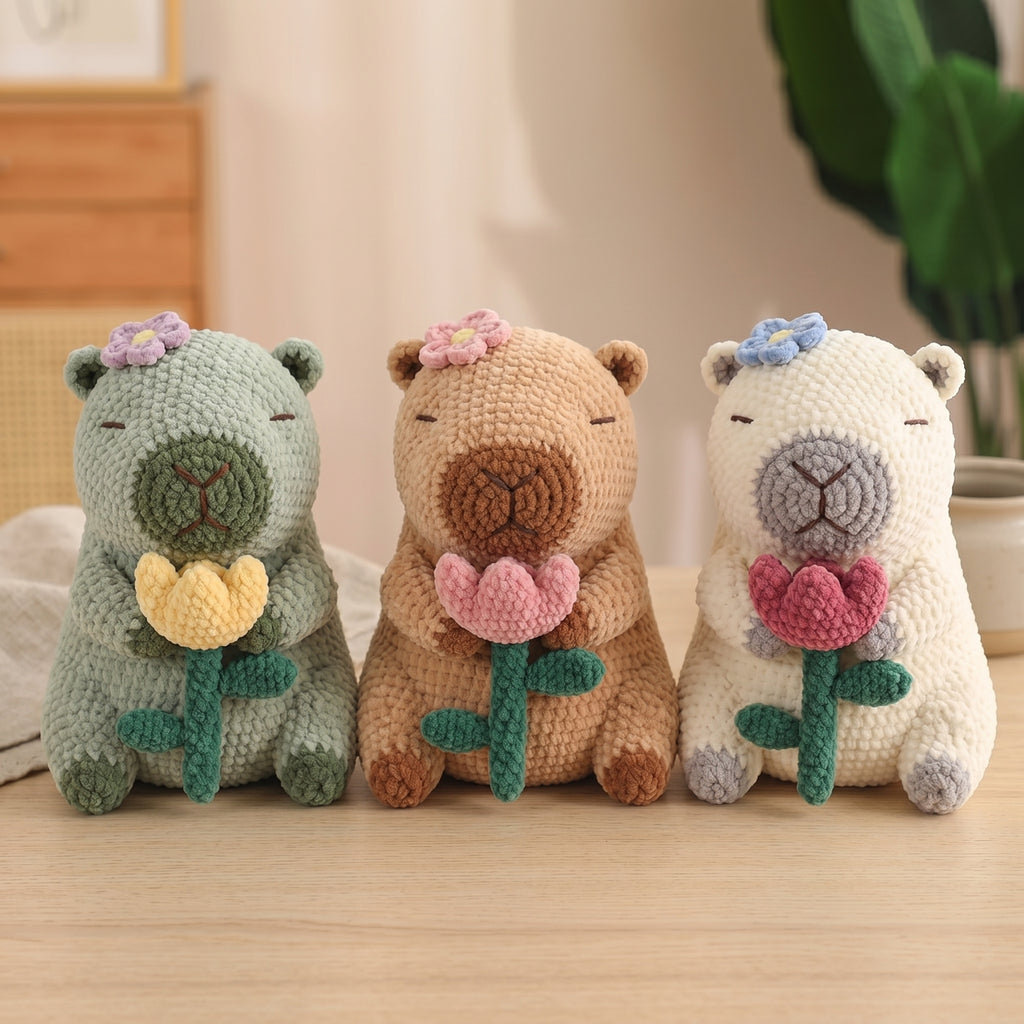 Crochet Capybara Pattern , Kawaii Capybara Plush with Flower Tutorial, Handmade Gift Idea