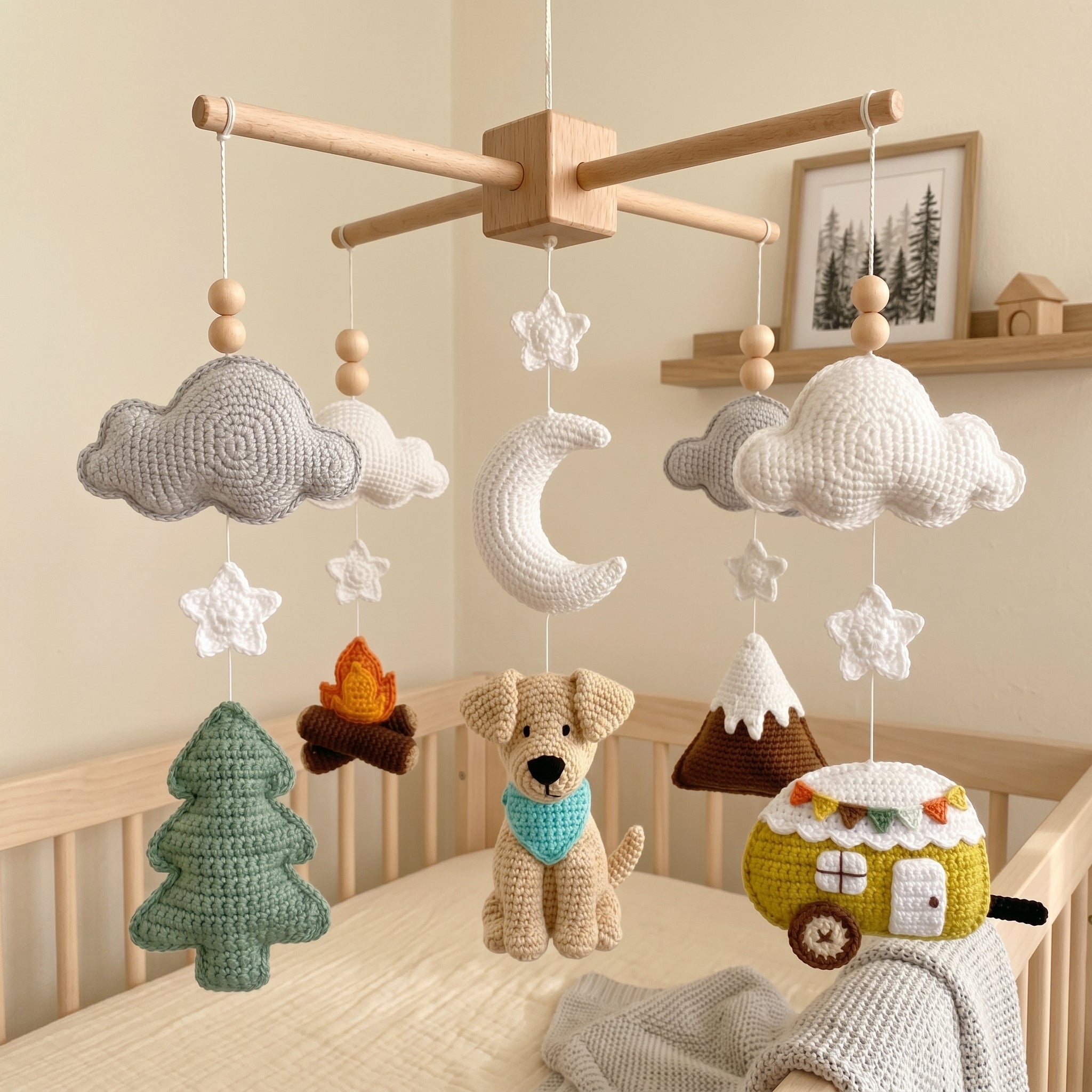 Crochet Dog Baby Mobile, Mountain Camping Crib Mobile