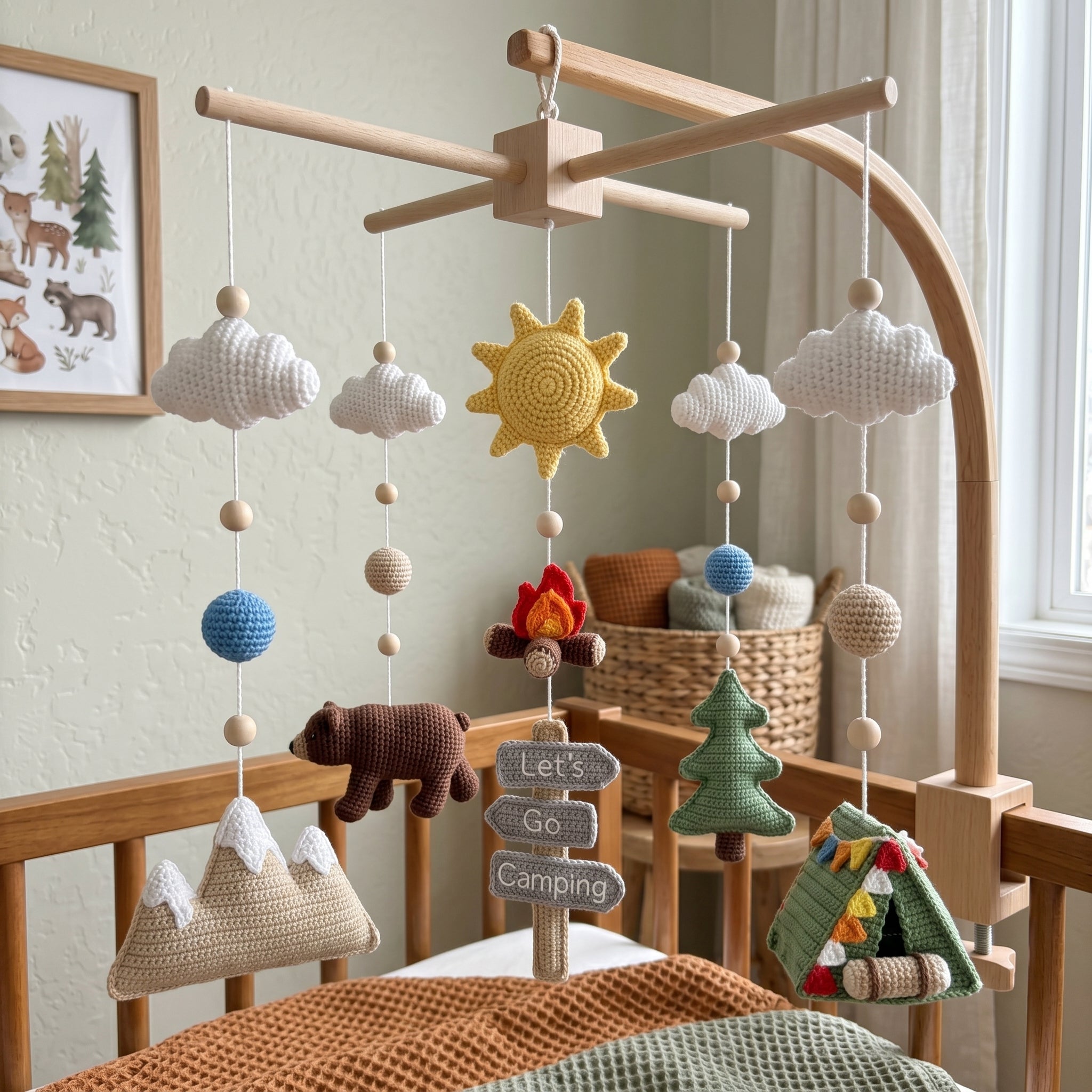 Crochet Camping Baby Mobile, Mountain Crib Mobile