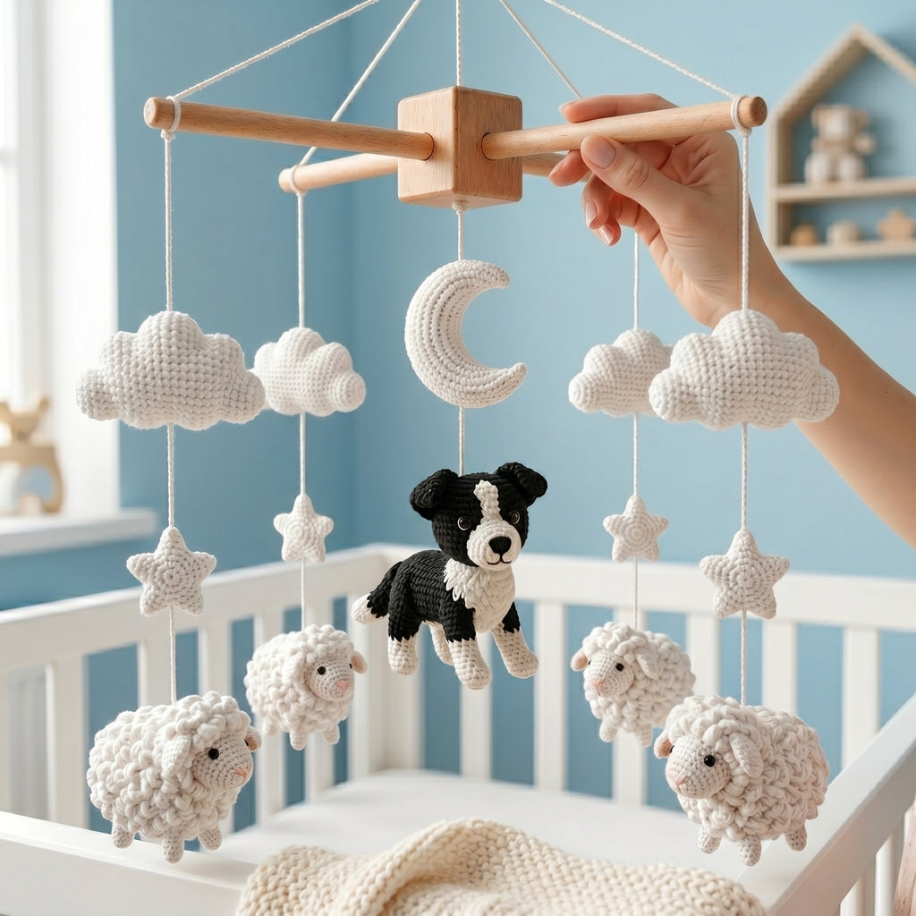 Crochet Border Collie Baby Mobile, Sheep Baby Crochet