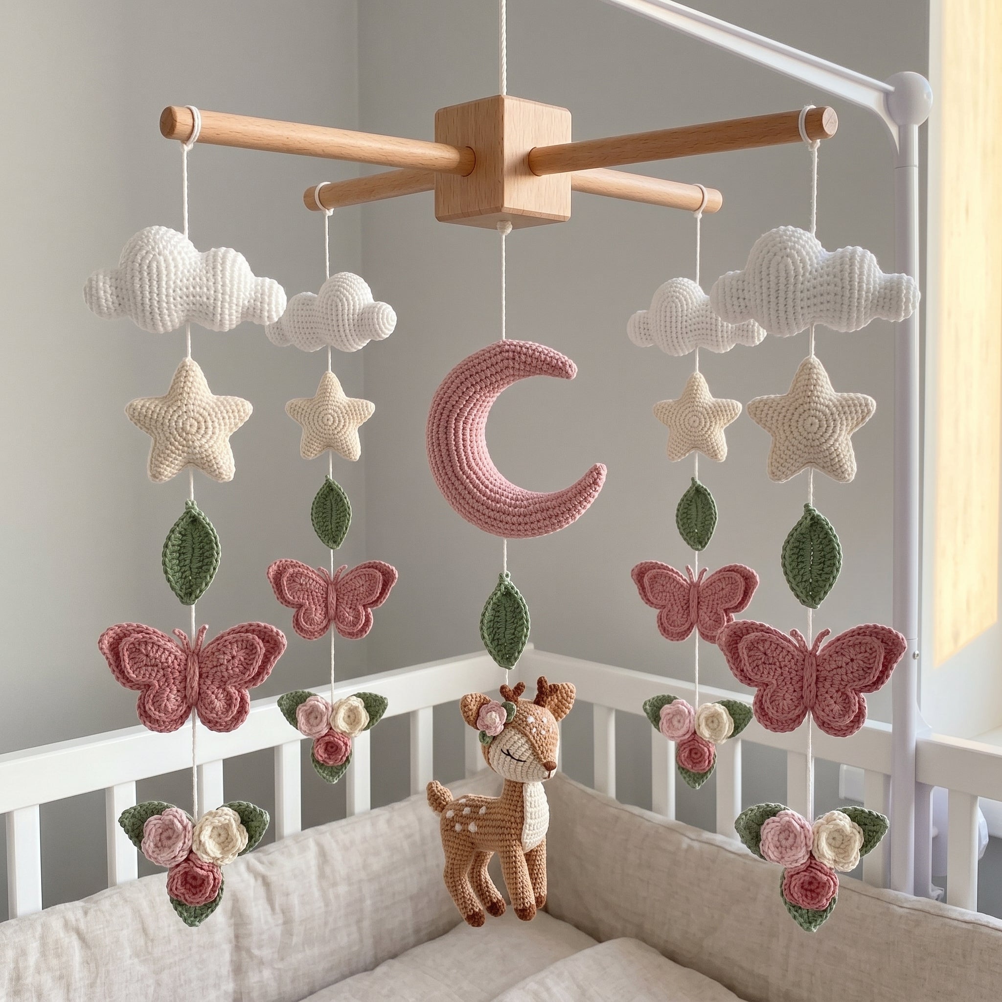Crochet Deer Baby Mobile, Butterfly Flower Nursery Crib Mobile