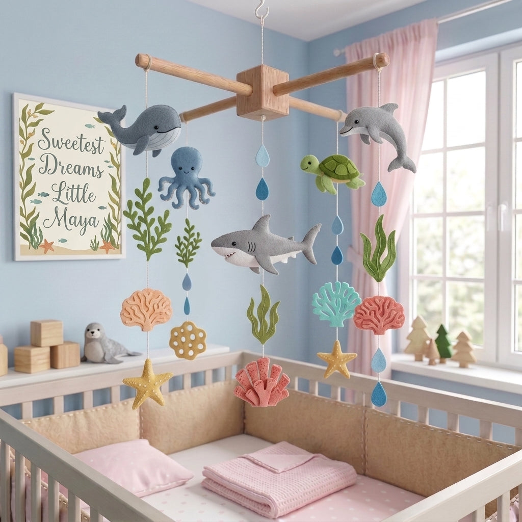 Felt Ocean Animals Baby Mobile, Whale Dolphin Shark Turtle Octopus Coral Reef Sea Life Nursery Crib Decor Baby Shower Gift for Baby