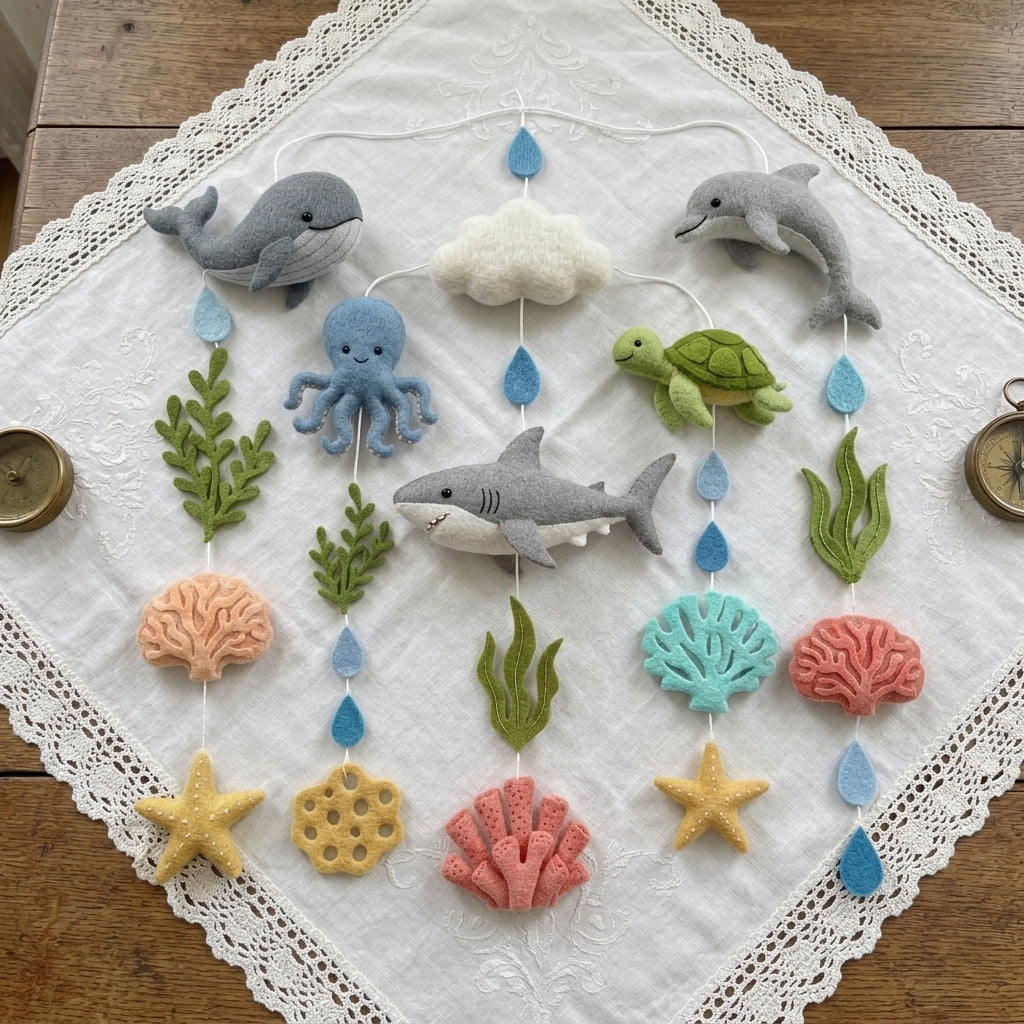 Felt Ocean Animals Baby Mobile, Whale Dolphin Shark Turtle Octopus Coral Reef Sea Life Nursery Crib Decor Baby Shower Gift for Baby