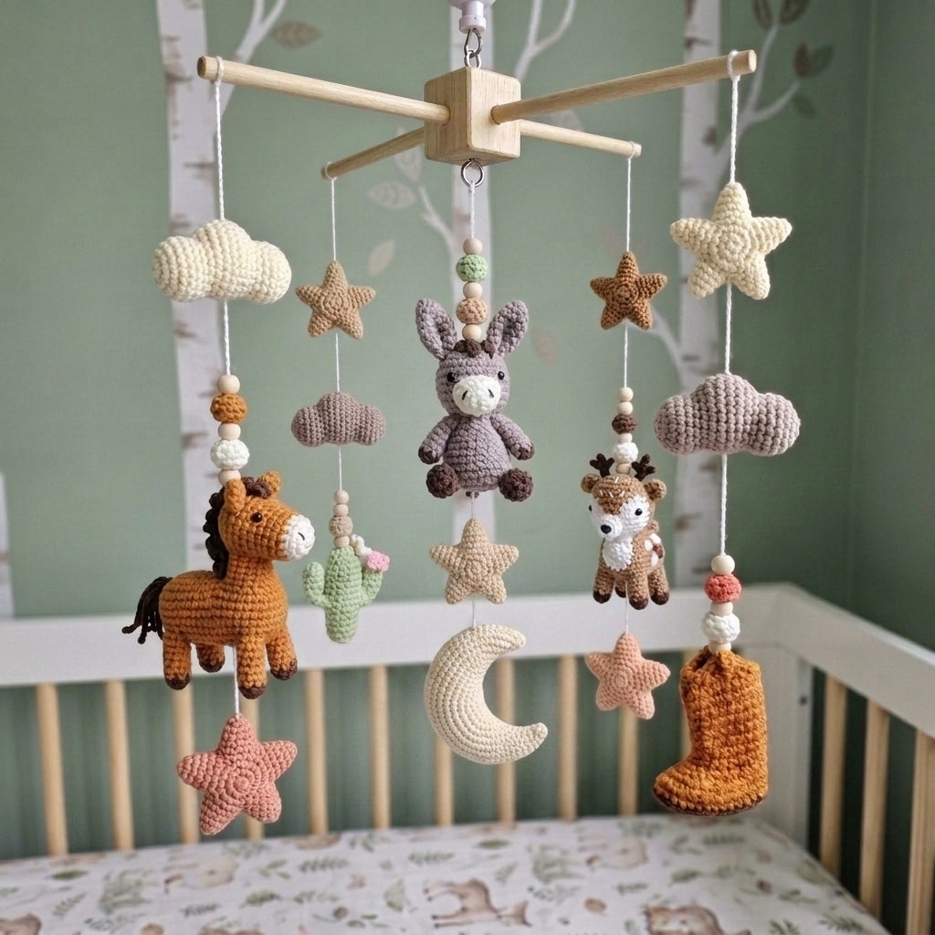 A crocheted baby mobile with animal and celestial motifs hangs above a wooden crib. The mobile includes a crocheted horse, donkey, deer, moon, stars, clouds, and a boot in soft neutral and earthy tones.