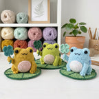 Three crocheted frog toys sitting on round green leaf-shaped bases on a white tabletop. The background shows shelves with balls of yarn and a small potted plant.