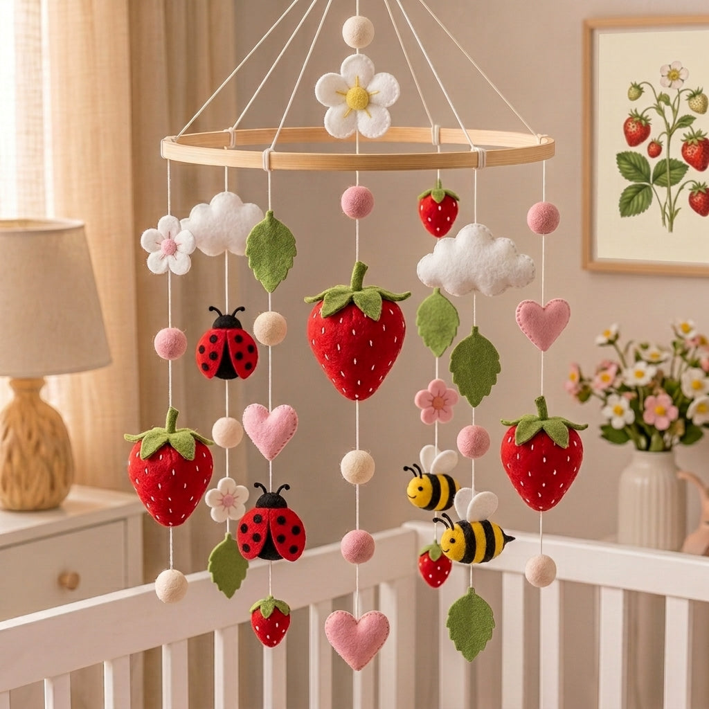 A baby crib mobile with felt strawberries, ladybugs, bees, clouds, and flowers hanging from a wooden ring in a softly lit nursery.