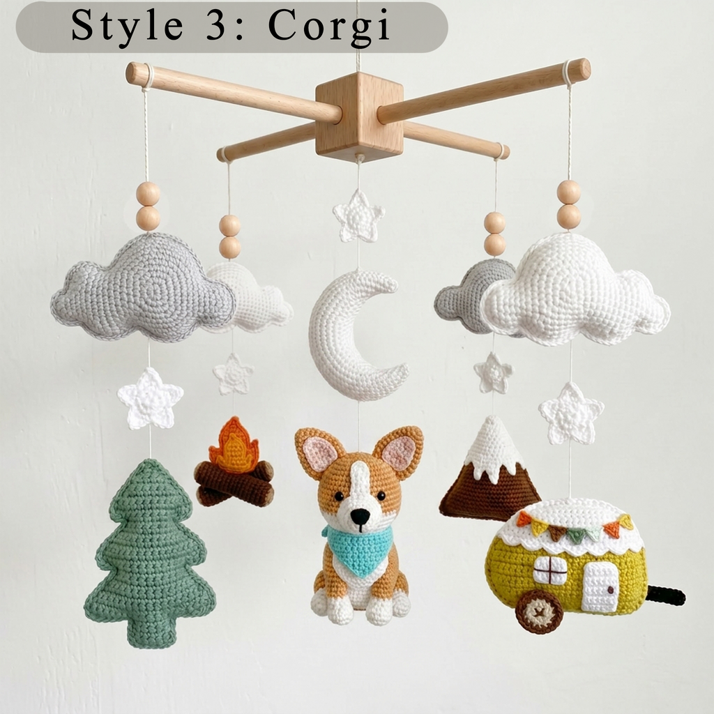 Crochet Dog Baby Mobile, Mountain Camping Crib Mobile