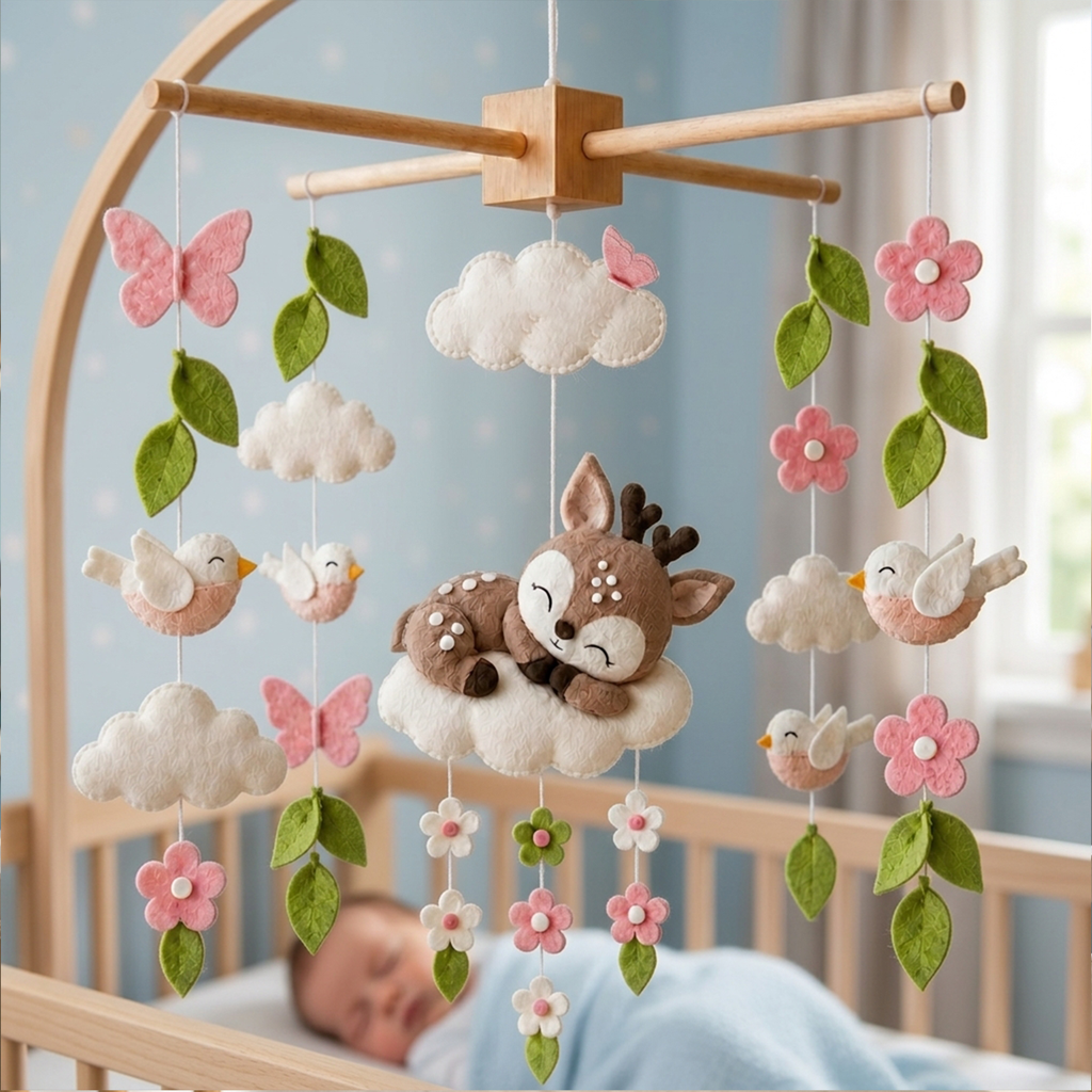 Felt Woodland Deer Baby Mobile, Birds Butterflies Flowers Leaves Clouds, Pink Forest Nursery Crib Decor, Baby Shower Gift