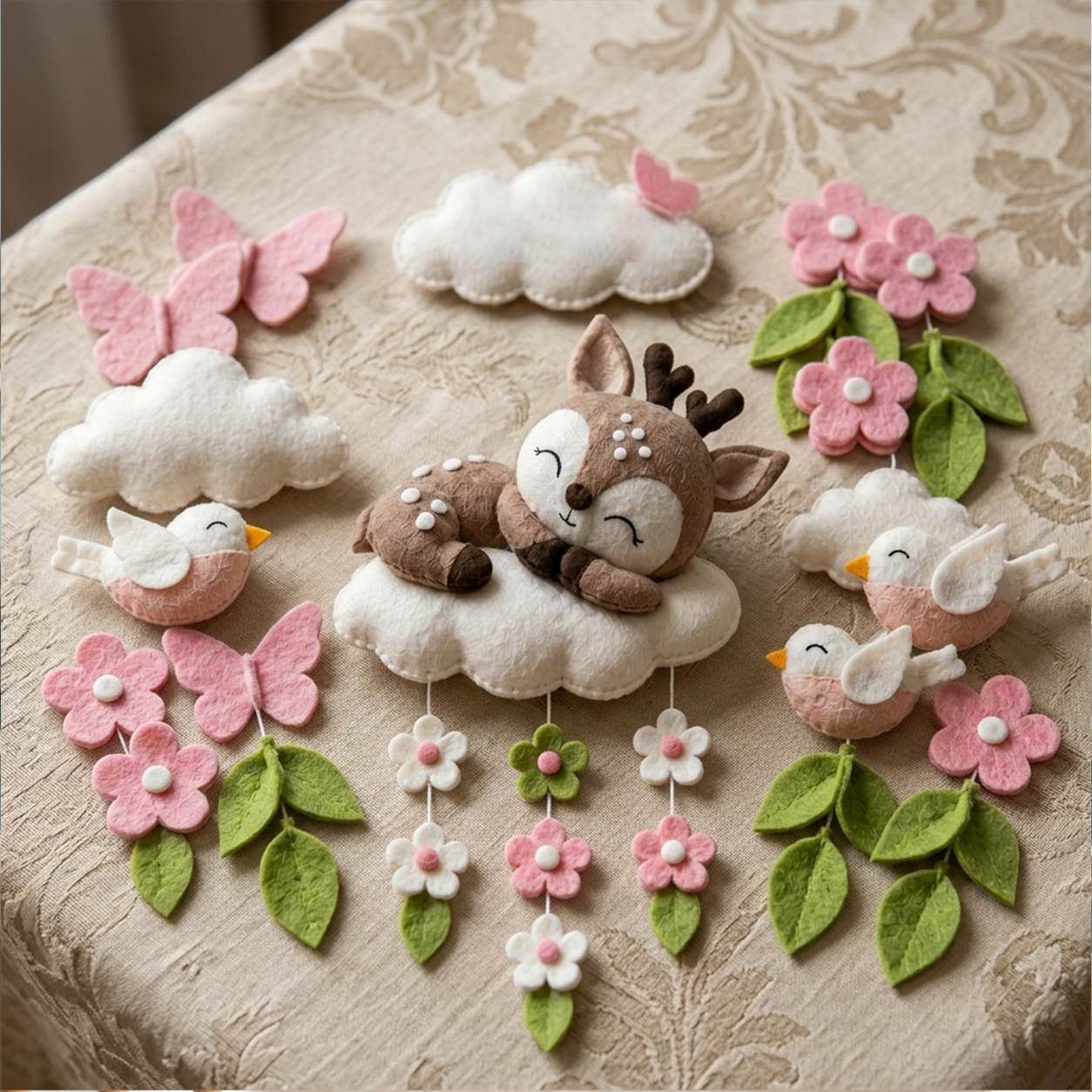Felt Woodland Deer Baby Mobile, Birds Butterflies Flowers Leaves Clouds, Pink Forest Nursery Crib Decor, Baby Shower Gift