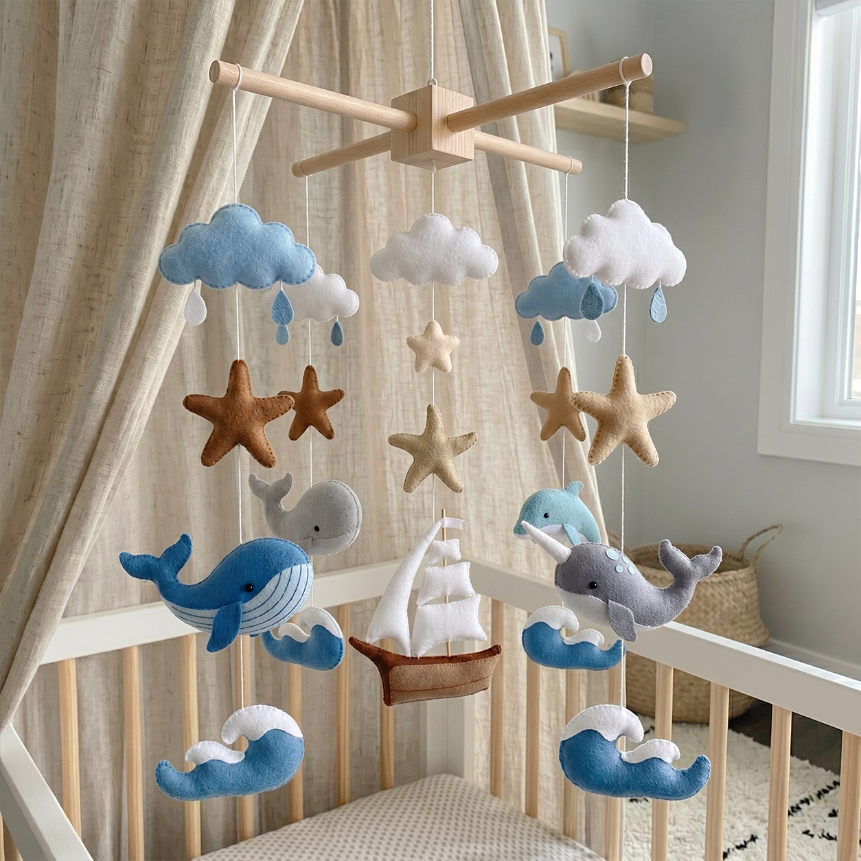 Felt Ocean Baby Mobile with Whale Dolphin Sailboat Waves Stars and Clouds, Nautical Nursery Crib Decor, Coastal Baby Shower Gift