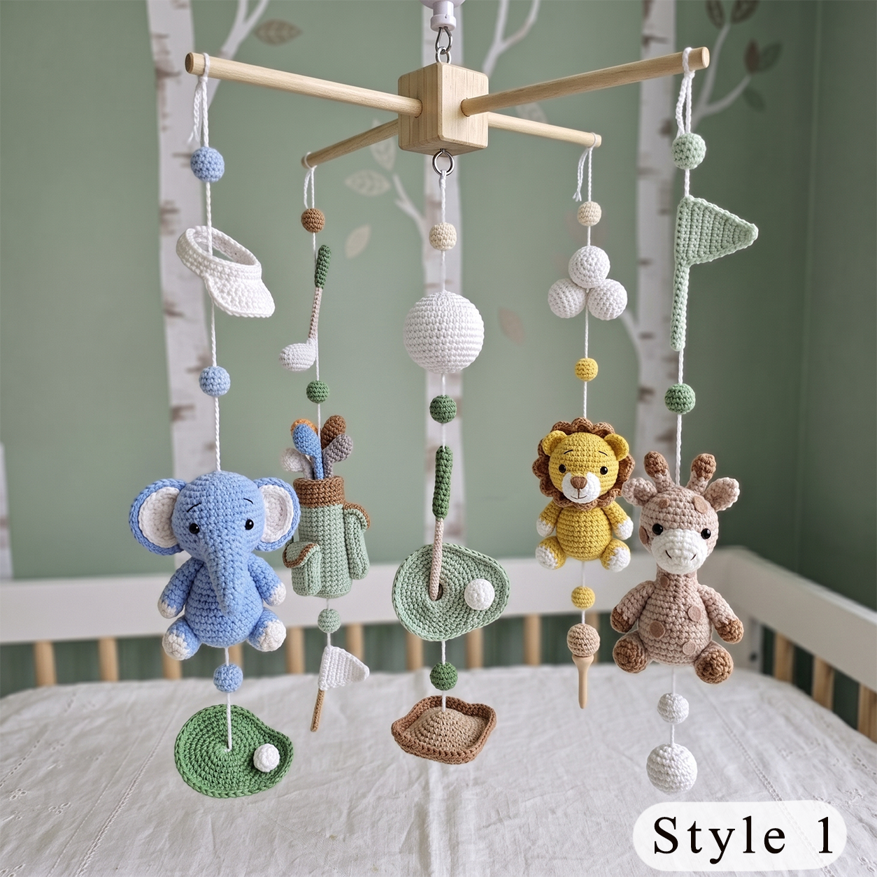 Crochet Golf Safari Baby Mobile, Golf Club Nursery Hanging, Baby Shower Gift for Boy or Girl Room