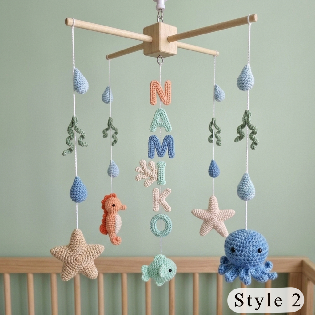 Personalized Ocean Name Crochet Baby Mobile, Handmade Underwater Crib Decor with Octopus, Seahorse and Starfish