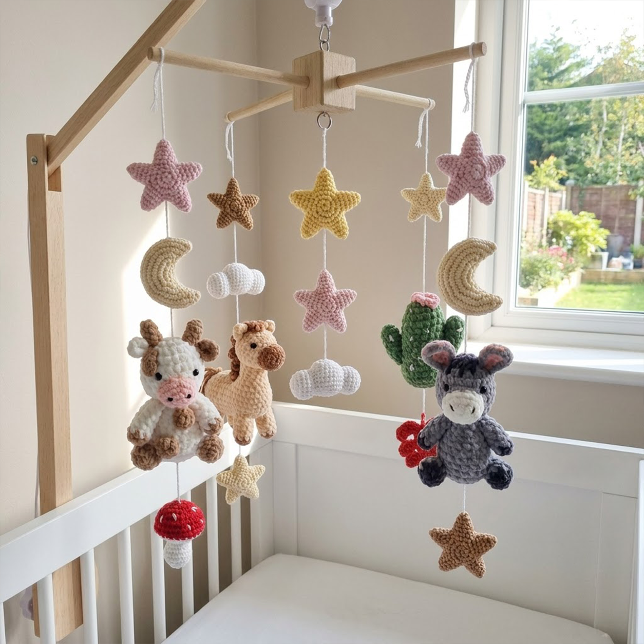 Little Ranch Crochet Crib Mobile, Handmade Farm Nursery Hanging with Cactus, Sunflower, Moon and Stars