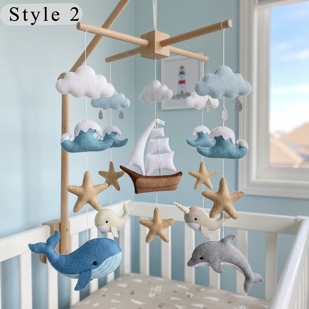 Felt Ocean Baby Mobile with Whale Dolphin Sailboat Waves Stars and Clouds, Nautical Nursery Crib Decor, Coastal Baby Shower Gift