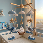 Felt Ocean Baby Mobile with Whale Dolphin Sailboat Waves Stars and Clouds, Nautical Nursery Crib Decor, Coastal Baby Shower Gift