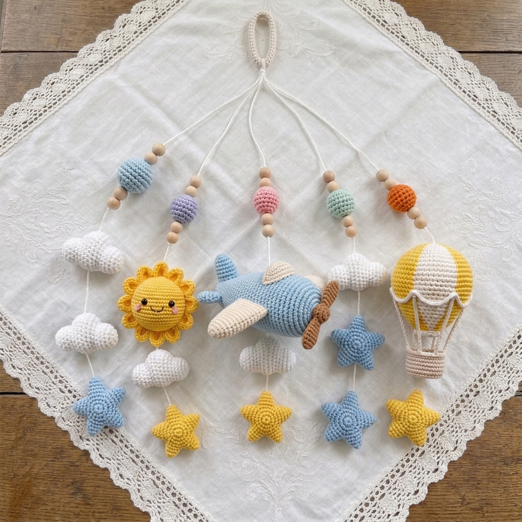 Handmade Crochet Airplane Baby Mobile – Hot Air Balloon Nursery Decor