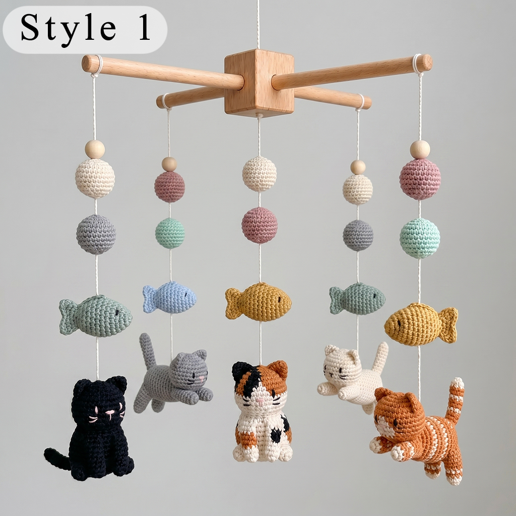 Handmade Crochet Cat Baby Mobile with Fish – Nursery Crib Decor